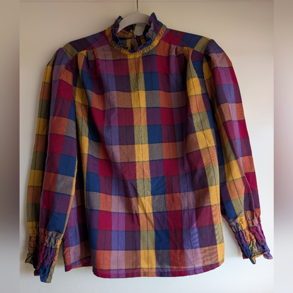 Colorful Plaid Ruffle Blouse Size 12